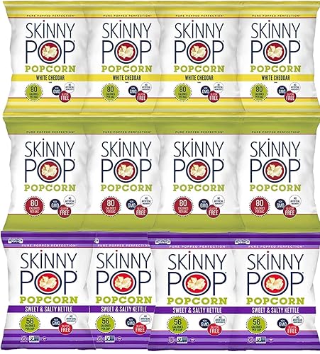 Skinny Pop Variety 12-Pack, Sweet & Salty Kettle, White Cheddar, Original, 12-0.5/0.8 oz Individual Bags
