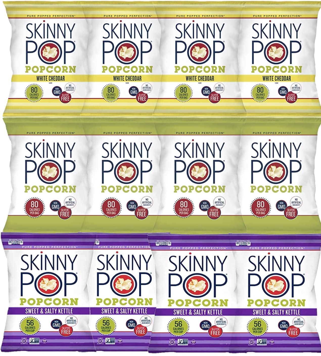 Skinny Pop Variety 12-Pack, Sweet & Salty Kettle, White Cheddar, Original, 12-0.5/0.8 oz Individual Bags