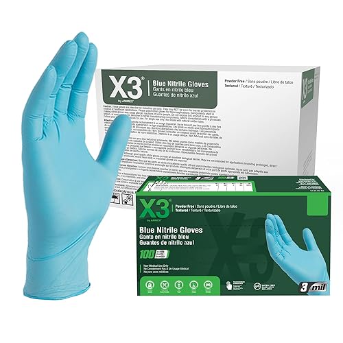 X3 Industrial Blue Nitrile Gloves, Case of 1000, 3 Mil, Size Medium, Latex Free, Powder Free, Textured, Disposable, Non-Sterile, Food Safe, X344100