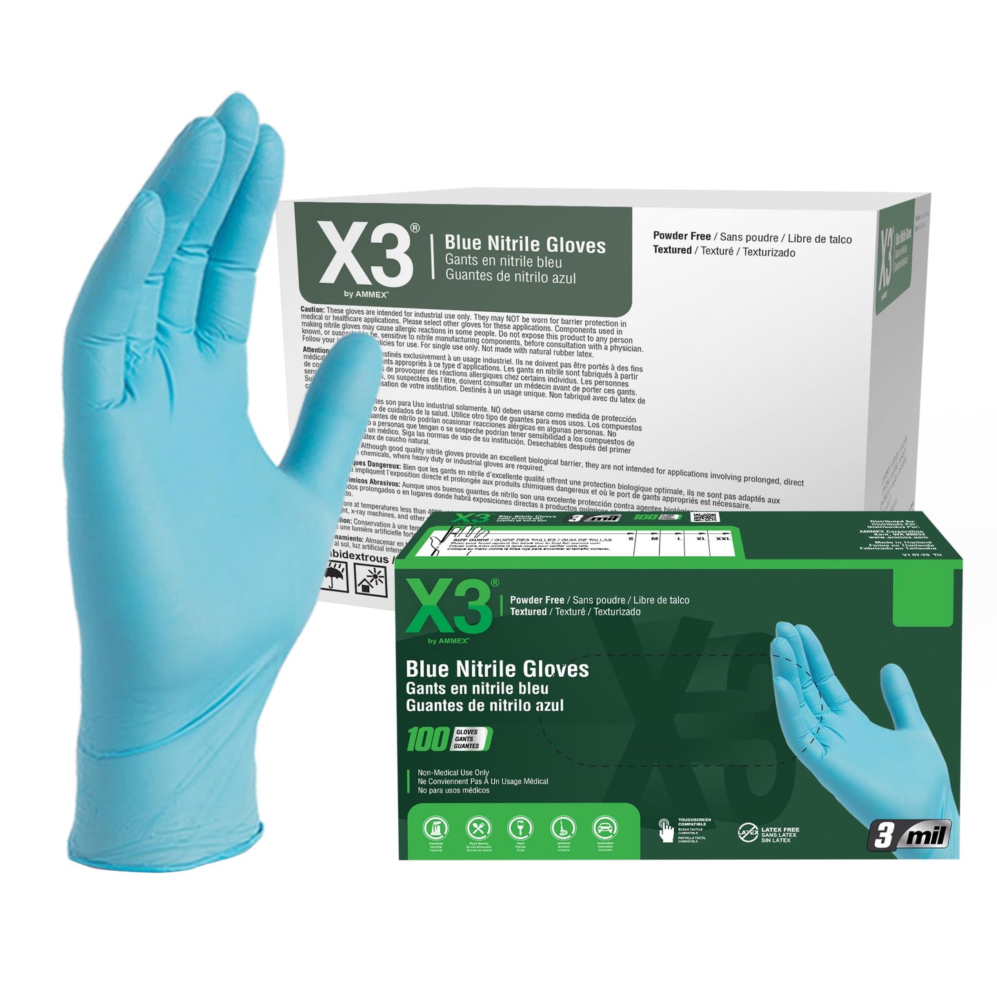 X3 Industrial Blue Nitrile Gloves, Case of 1000, 3 Mil, Size Medium, Latex Free, Powder Free, Textured, Disposable, Non-Sterile, Food Safe, X344100
