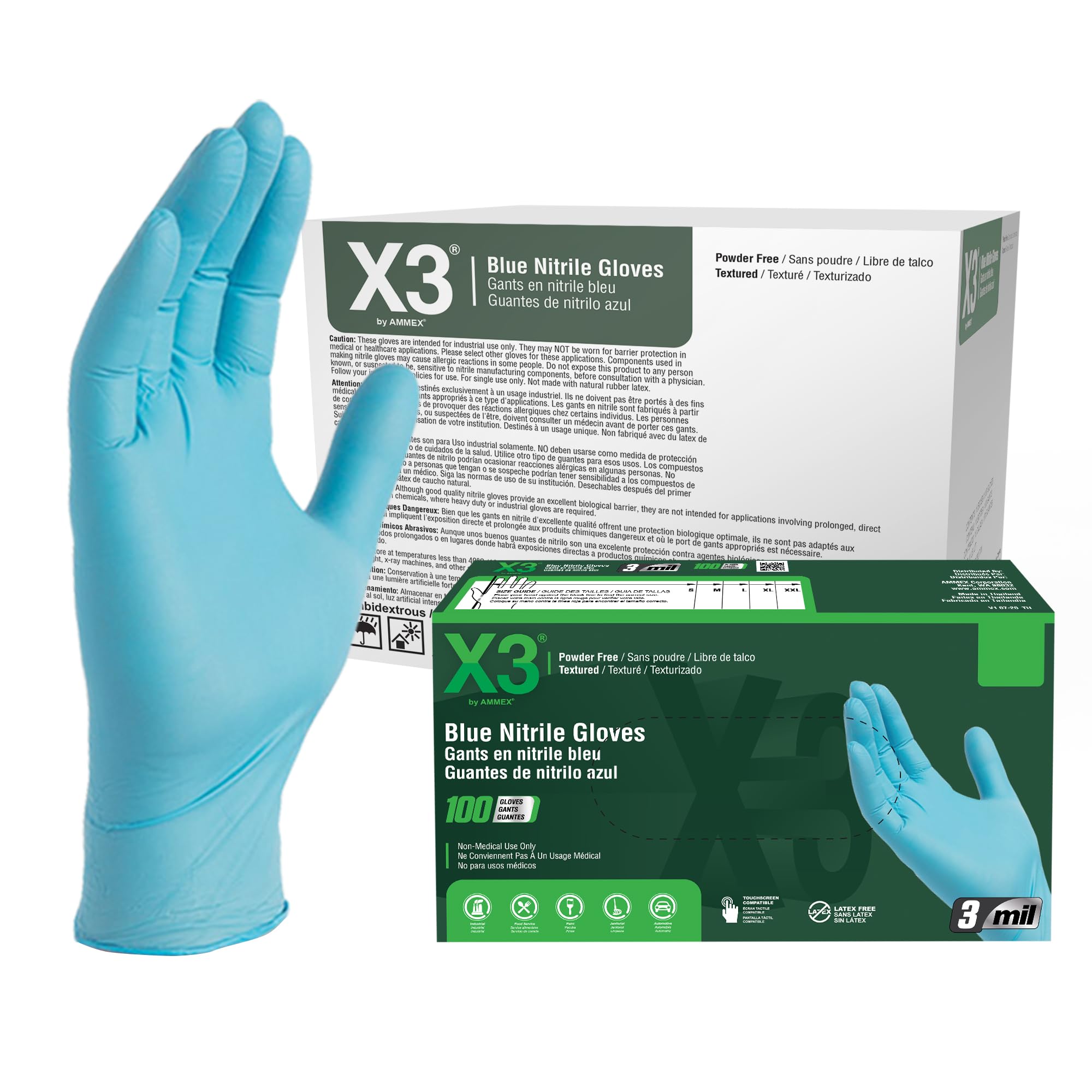 X3 Industrial Blue Nitrile Gloves, Case of 1000, 3 Mil, Size Medium, Latex Free, Powder Free, Textured, Disposable, Non-Sterile, Food Safe, X344100