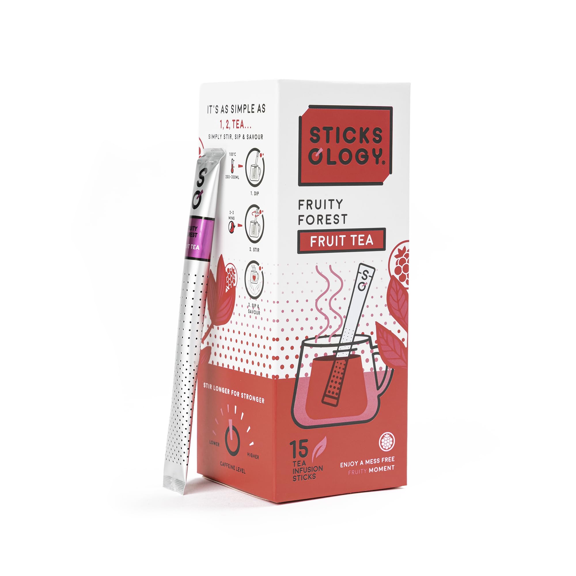 Sticksology Fruity Forest Tea Sticks - Fruity Black Tea Infuser Sticks, Mess-Free Tea Stirrers, Medium Caffeine, 15 Pack