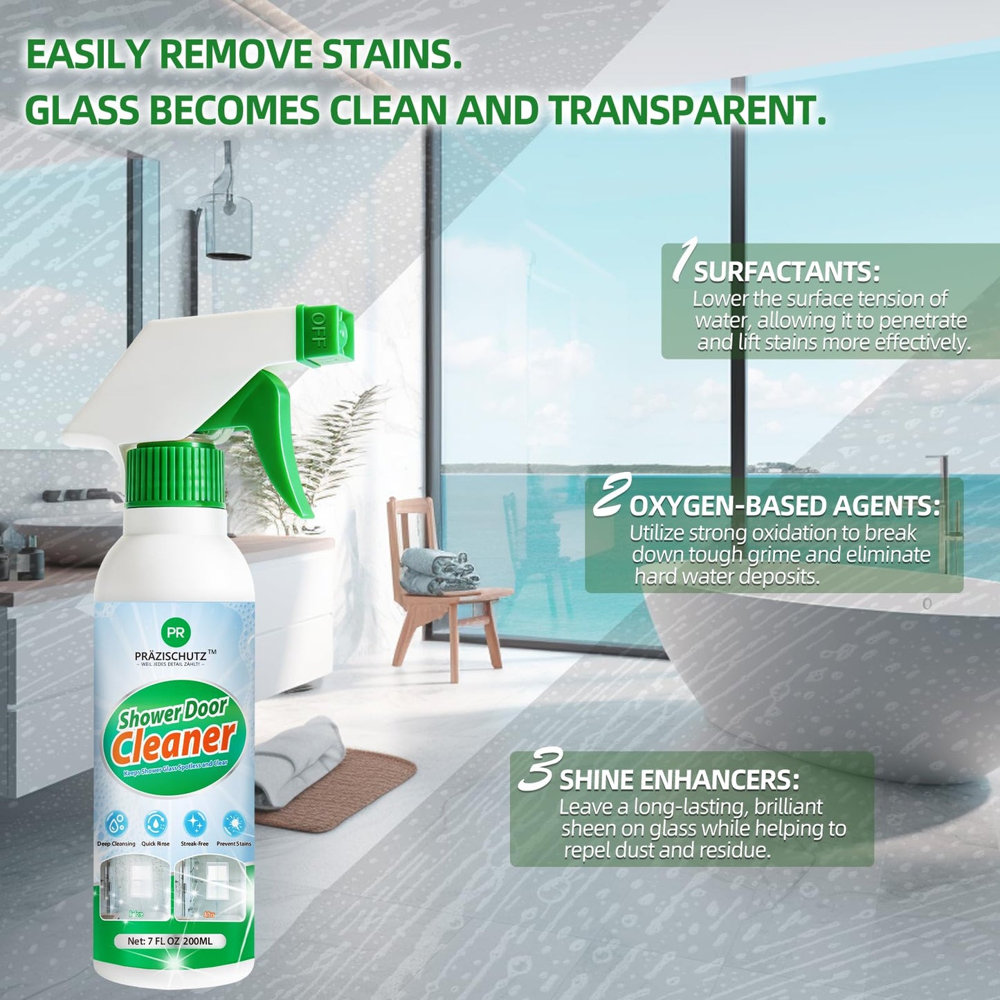 PRAZISCHUTZ Streak-Free Bathroom Glass Cleaner Spray, Instant Shine on Mirrors, Tiles & Shower Doors, Removes Limescale, Soap Scum & Oil Film, No