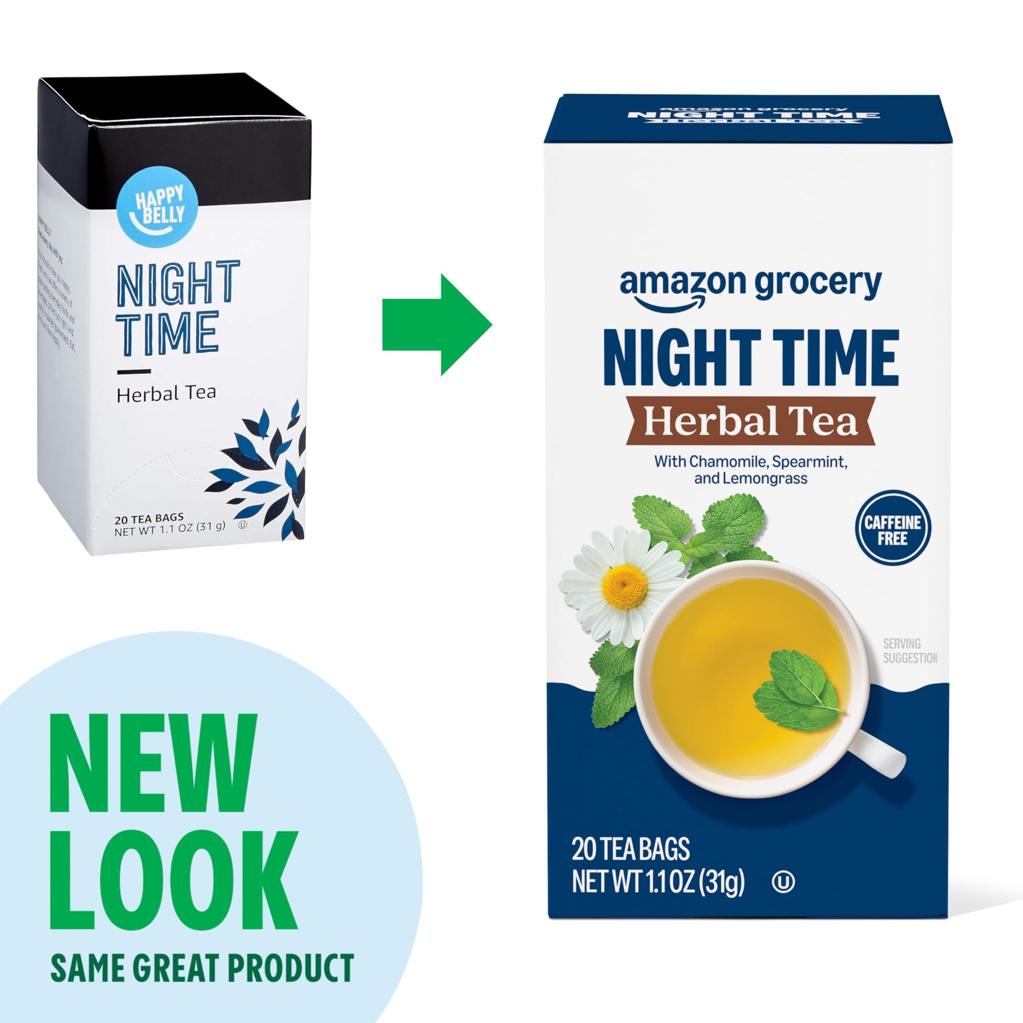 Amazon Grocery, Night Time Herbal Tea, Caffeine Free, 1.1 Oz, 20 Ct