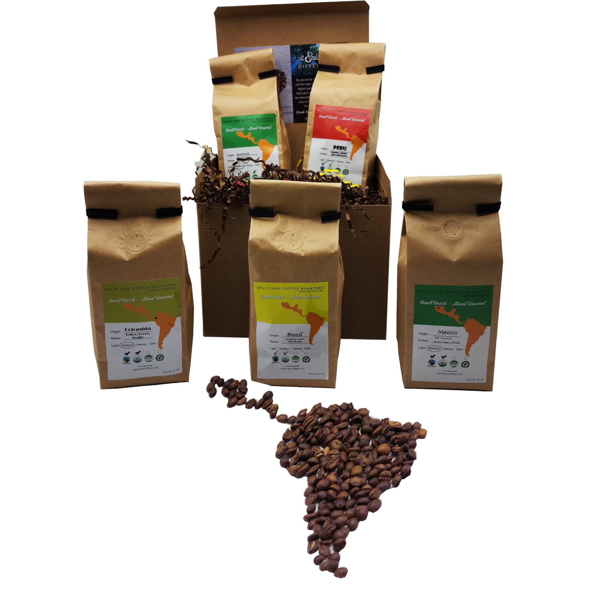 Coffee Gift Set Las Americas 5 Pack 12oz Gourmet Organic Medium Roast whole Bean with Best Beans From Mexico, Guatemala, Peru, Colombia and Brazil