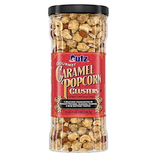 Utz Gourmet Popcorn Clusters, Caramel Nut Clusters - 20 oz. Barrel - Crunchy Popcorn Snack Mix with Almonds, Cashews, and Buttery Toffee, Trans Fat