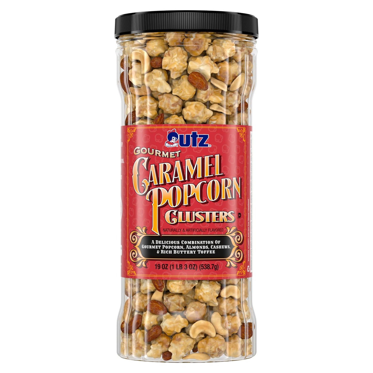 Utz Gourmet Popcorn Clusters, Caramel Nut Clusters - 20 oz. Barrel - Crunchy Popcorn Snack Mix with Almonds, Cashews, and Buttery Toffee, Trans Fat