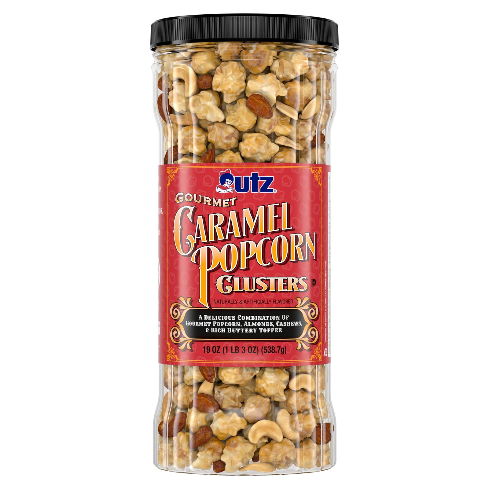 Utz Gourmet Popcorn Clusters, Caramel Nut Clusters - 20 oz. Barrel - Crunchy Popcorn Snack Mix with Almonds, Cashews, and Buttery Toffee, Trans Fat