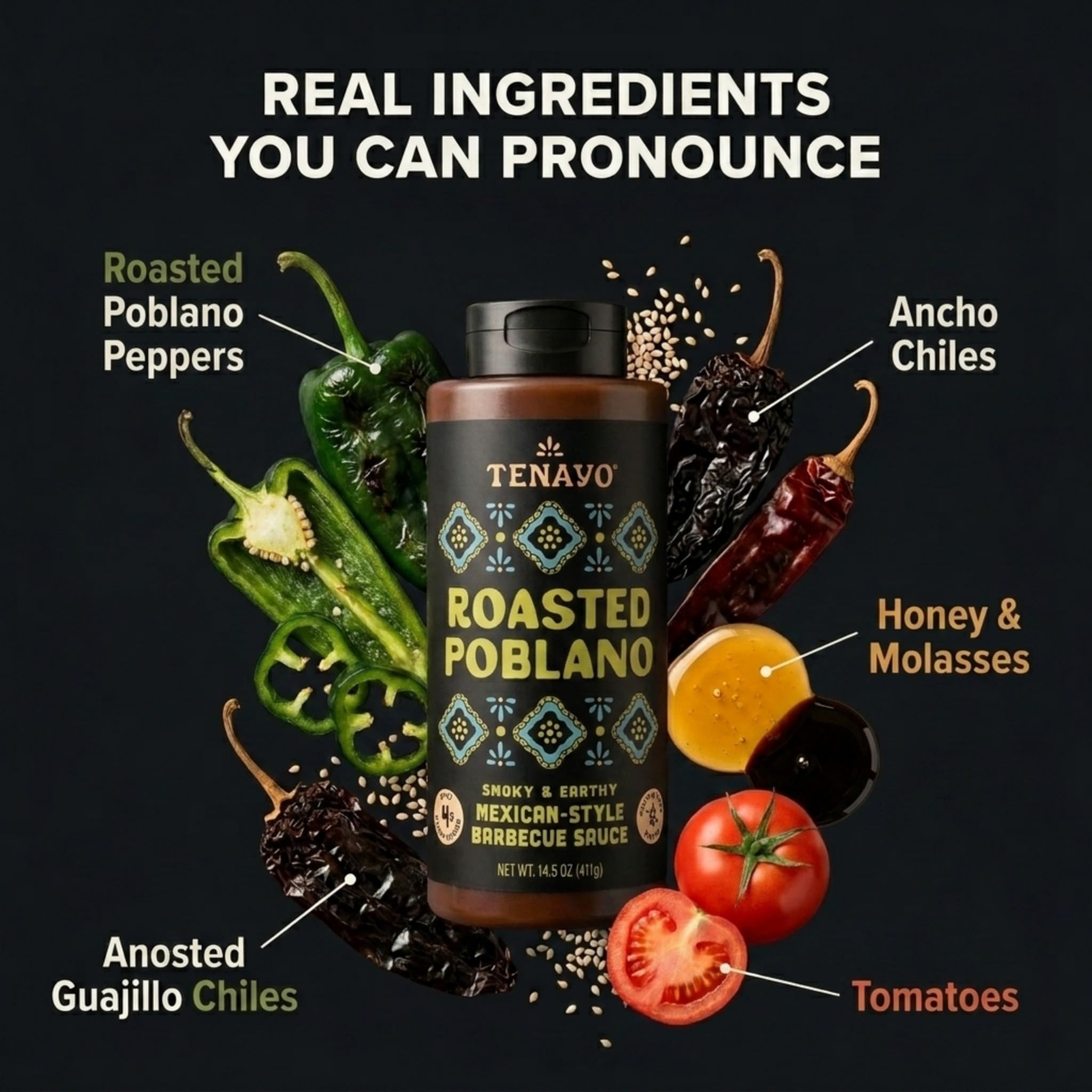 Tenayo Roasted Poblano Barbecue Sauce, 2-Pack (14.5 oz Bottles) - Mexican Style Sauce with Roasted Poblano Peppers & Spices - Only 4g of Sugar, Gluten