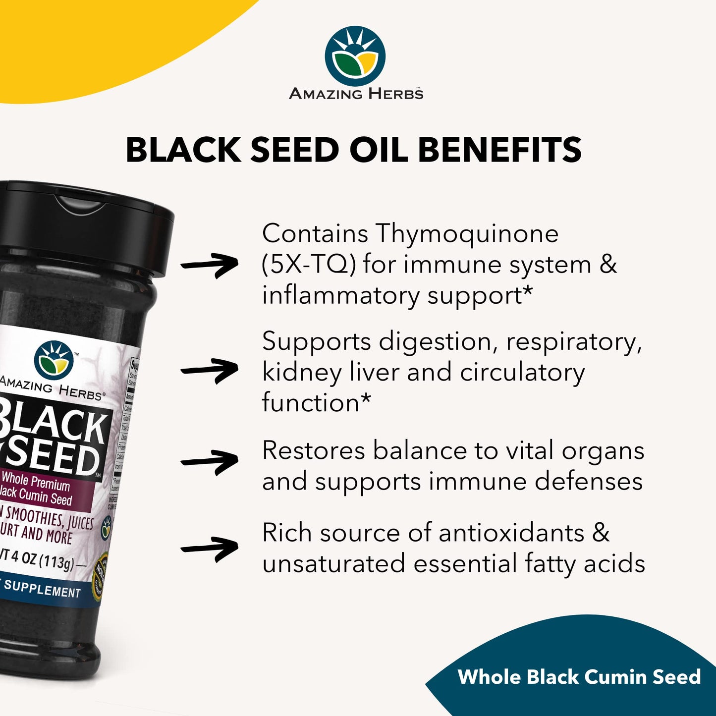 Amazing Herbs Whole Premium Black Cumin Seed - Nigella Sativa Seeds, Organic, Gluten-Free, Non-GMO, Supports Immune System, Cardiovascular Health