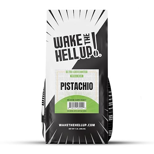 Wake The Hell Up! 1lb Ultra-Caffeinated Pistachio Whole Bean Coffee, Low Acid, Medium-Dark Roast
