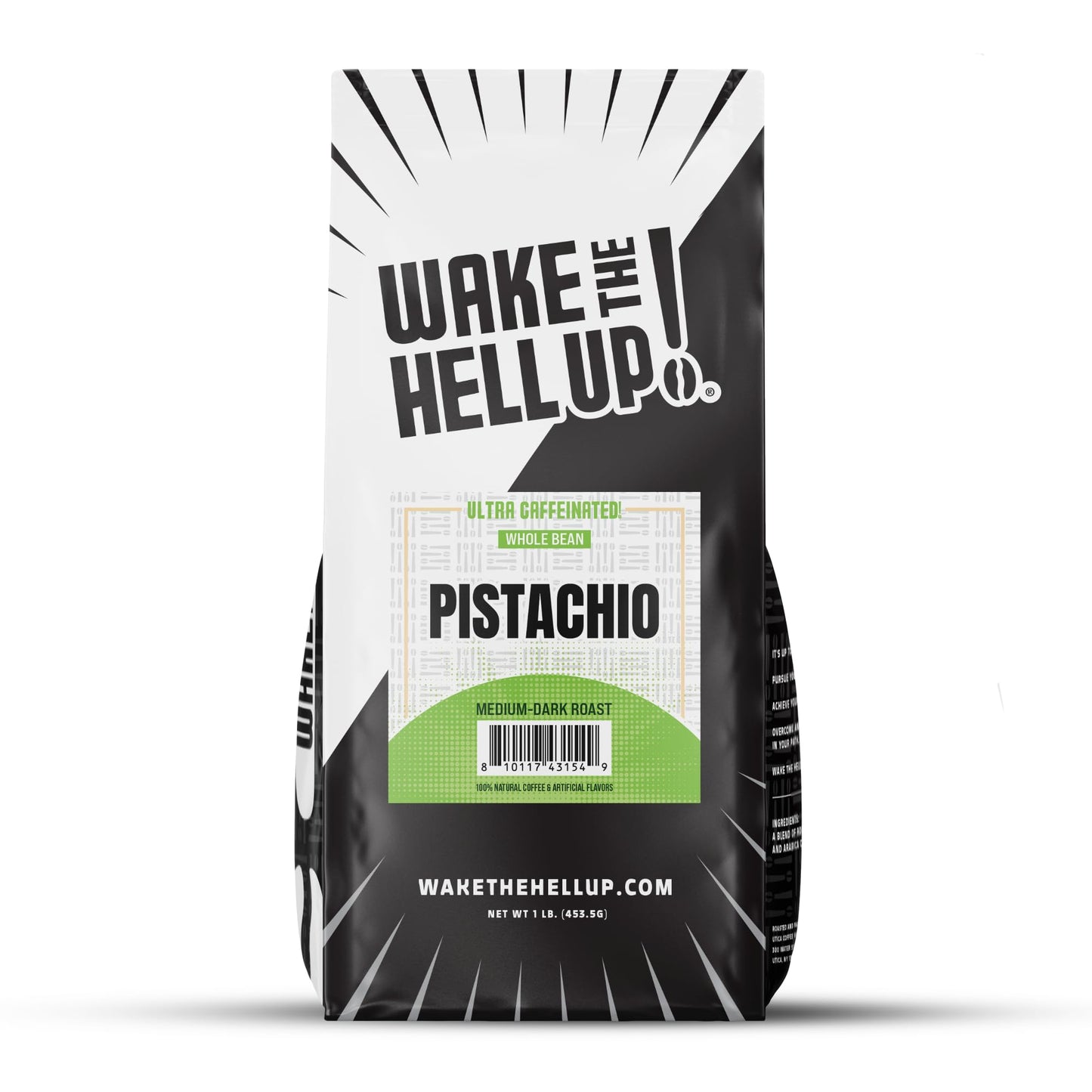 Wake The Hell Up! 1lb Ultra-Caffeinated Pistachio Whole Bean Coffee, Low Acid, Medium-Dark Roast
