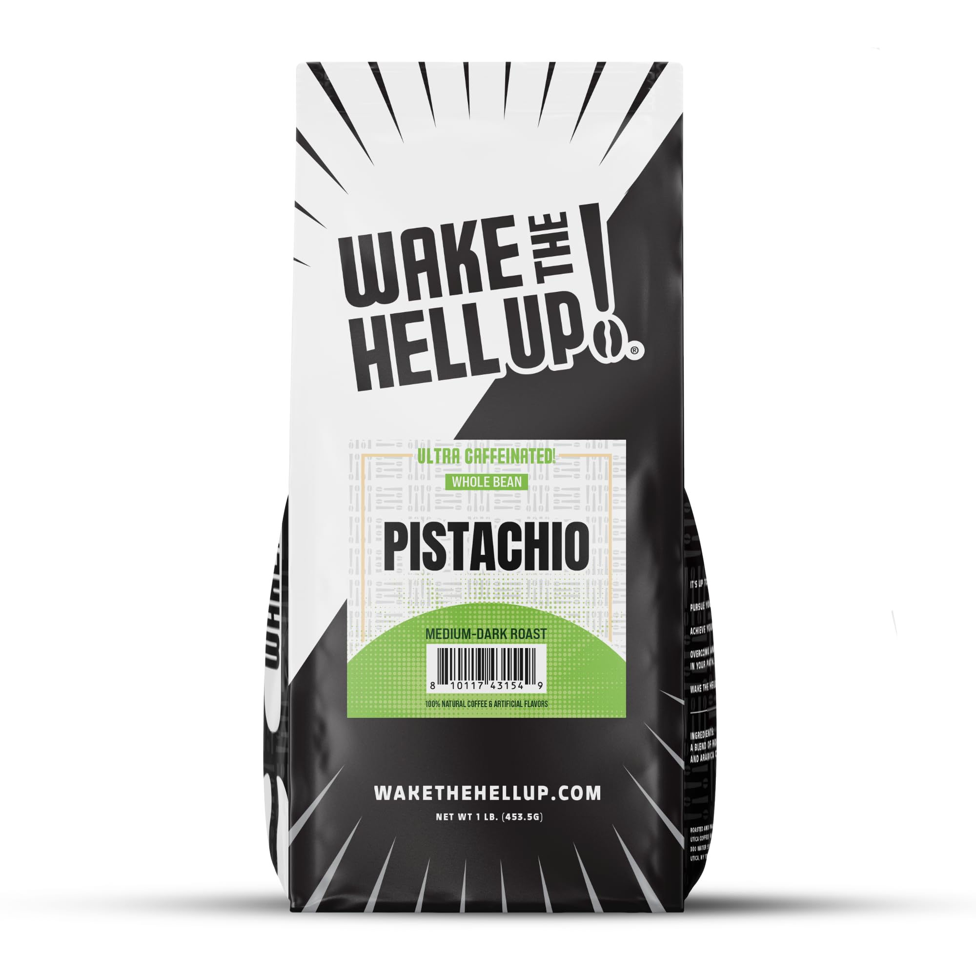 Wake The Hell Up! 1lb Ultra-Caffeinated Pistachio Whole Bean Coffee, Low Acid, Medium-Dark Roast