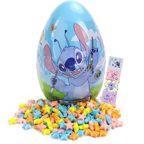 Jumbo Stitch Easter Egg with Candy Stars and Mini Stickers Inside, Festive Basket Stuffer Gift, 2.86 Ounces