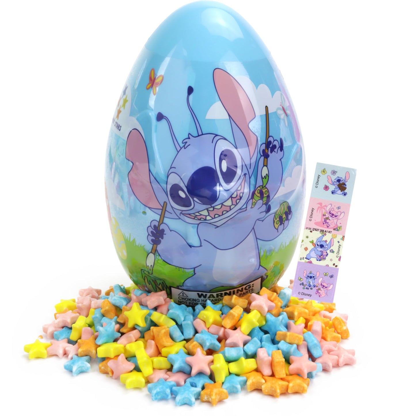 Jumbo Stitch Easter Egg with Candy Stars and Mini Stickers Inside, Festive Basket Stuffer Gift, 2.86 Ounces