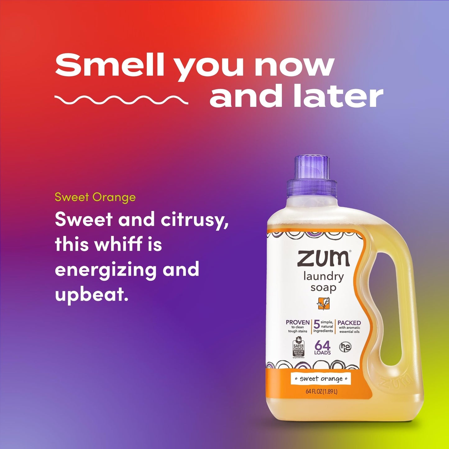 Zum Laundry Soap by Indigo Wild - Liquid, Plant-Based Soap with Baking Soda, Essential Oils, Coconut Oil & More - Wash Up to 64 Loads - Sweet Orange
