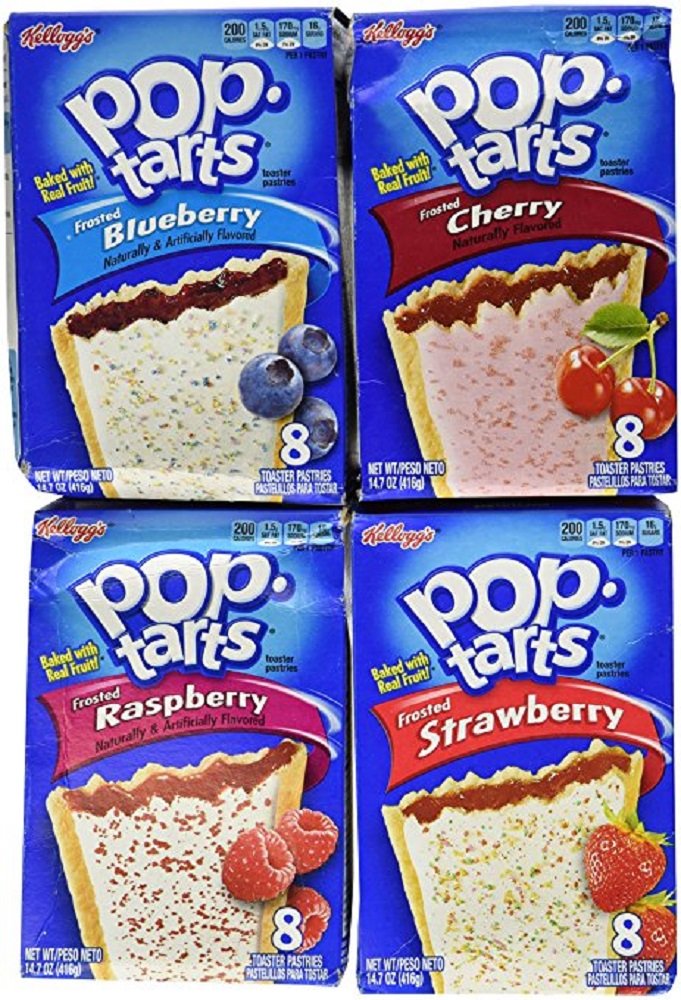 Pop Tarts Variety Pack, Frosted FRUIT Flavors: Strawberry, Blueberry, Cherry, and Raspberry. Bundle of 4-8 Count Boxes, 1 of Each Flavor. Great Care