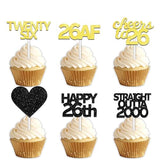 18pcs Black Gold Glitter Dessert Cupcake Pick for Straight Outta 2000 Cheer to 26 Years Old Theme Decor Supplies Happy 26th Birthday Party Decoration