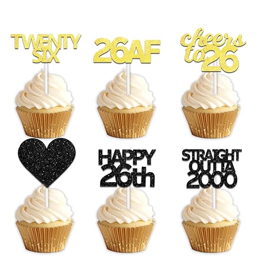 18pcs Black Gold Glitter Dessert Cupcake Pick for Straight Outta 2000 Cheer to 26 Years Old Theme Decor Supplies Happy 26th Birthday Party Decoration