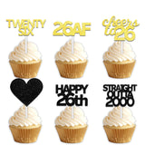 18pcs Black Gold Glitter Dessert Cupcake Pick for Straight Outta 2000 Cheer to 26 Years Old Theme Decor Supplies Happy 26th Birthday Party Decoration