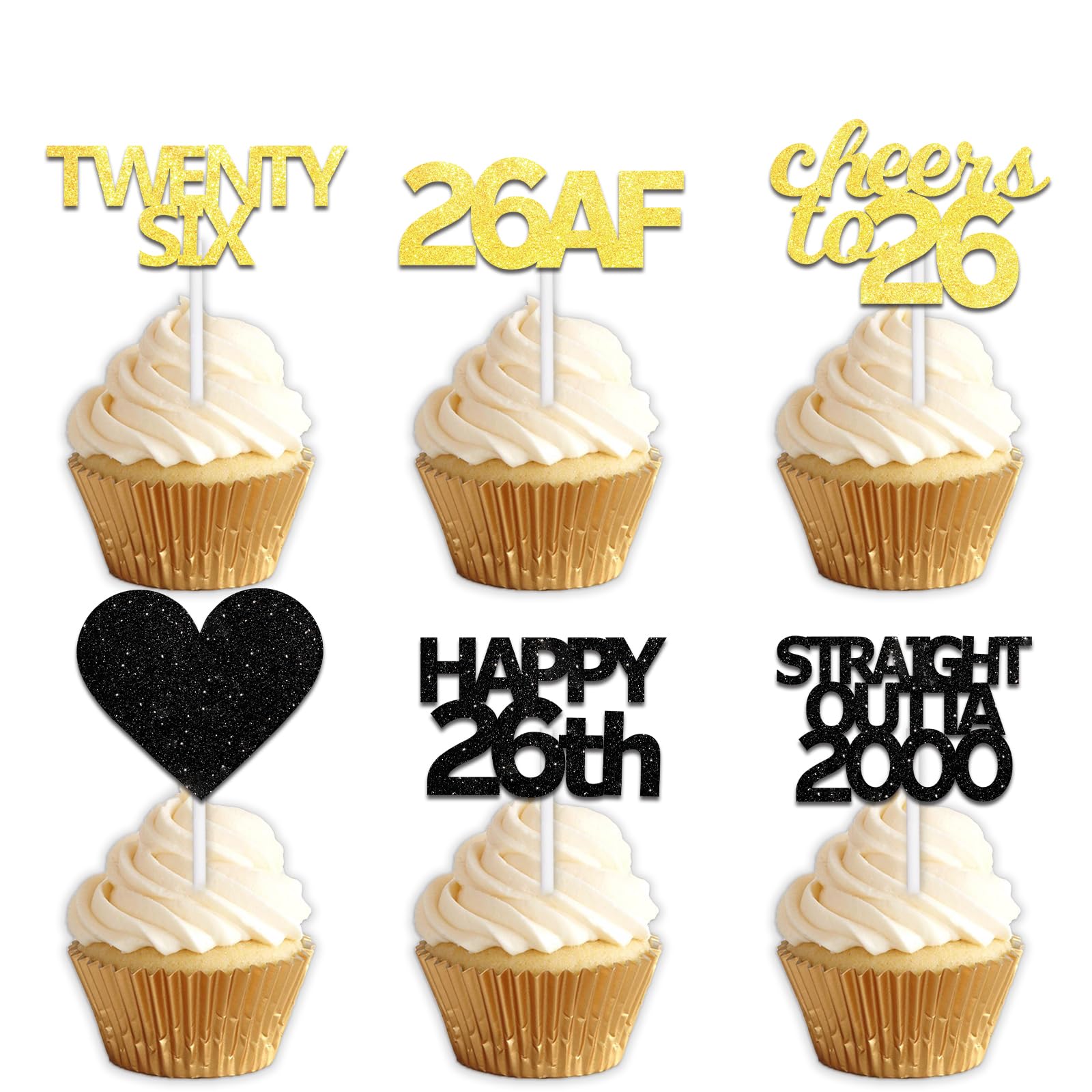 18pcs Black Gold Glitter Dessert Cupcake Pick for Straight Outta 2000 Cheer to 26 Years Old Theme Decor Supplies Happy 26th Birthday Party Decoration