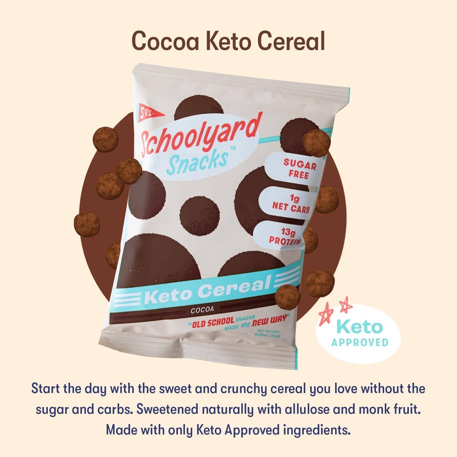 Schoolyard Snacks Keto Cereal - Cocoa Flavor |13g Protein, Low Carb, Low Sugar, Low Calories | Gluten-Free, Grain-Free, Keto-Friendly | Healthy