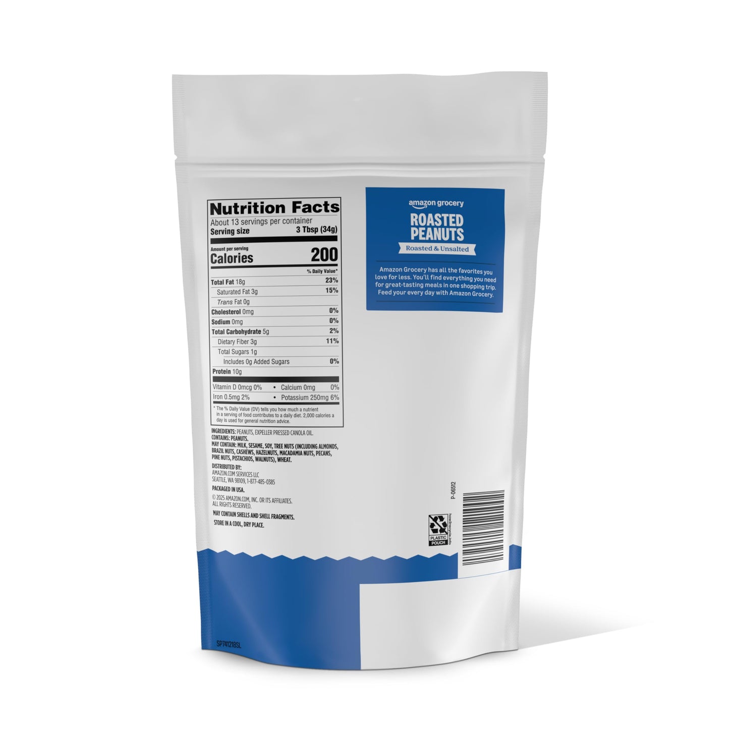 Amazon Grocery, Roasted Peanuts, Roasted & Unsalted, 16 Oz