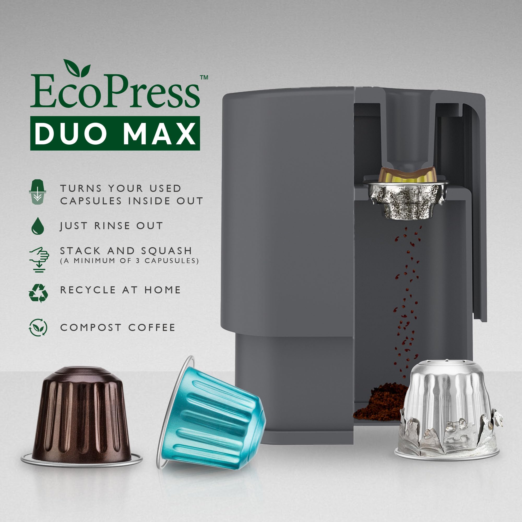 Dualit EcoPress Duo Max Aluminium Coffee Capsule Recycling Tool Premium Eco Friendly Tool Original Size Capsules & Coffee Grounds