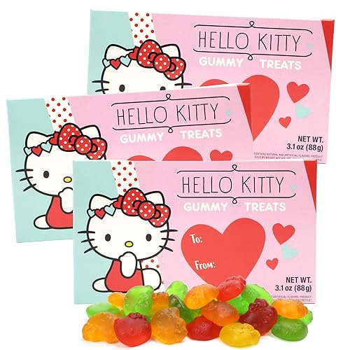 Valentine's Day Hello Kitty Gummies, Assorted Fruit Flavored, Theatre Box with To/From Section, Seasonal Candy Gift, 3.1 Ounce (Pack of 3)