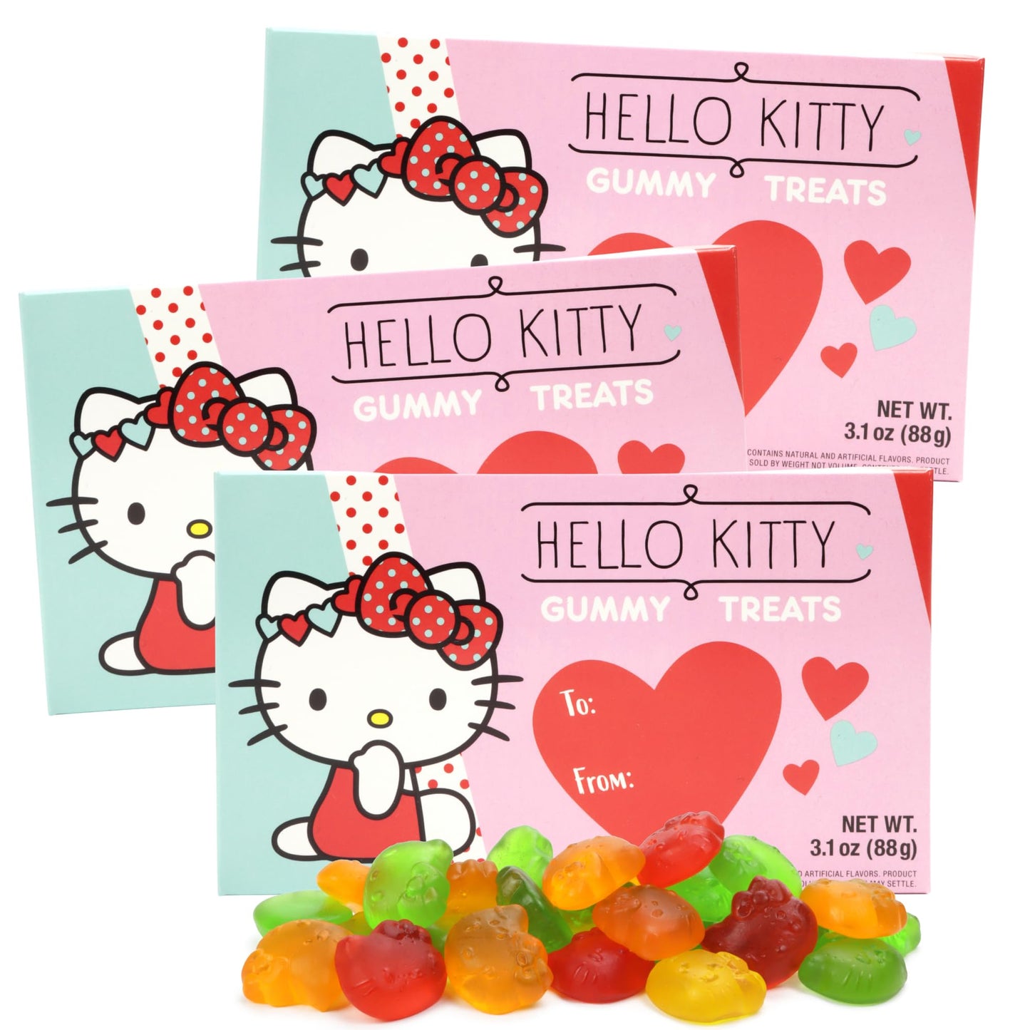 Valentine's Day Hello Kitty Gummies, Assorted Fruit Flavored, Theatre Box with To/From Section, Seasonal Candy Gift, 3.1 Ounce (Pack of 3)