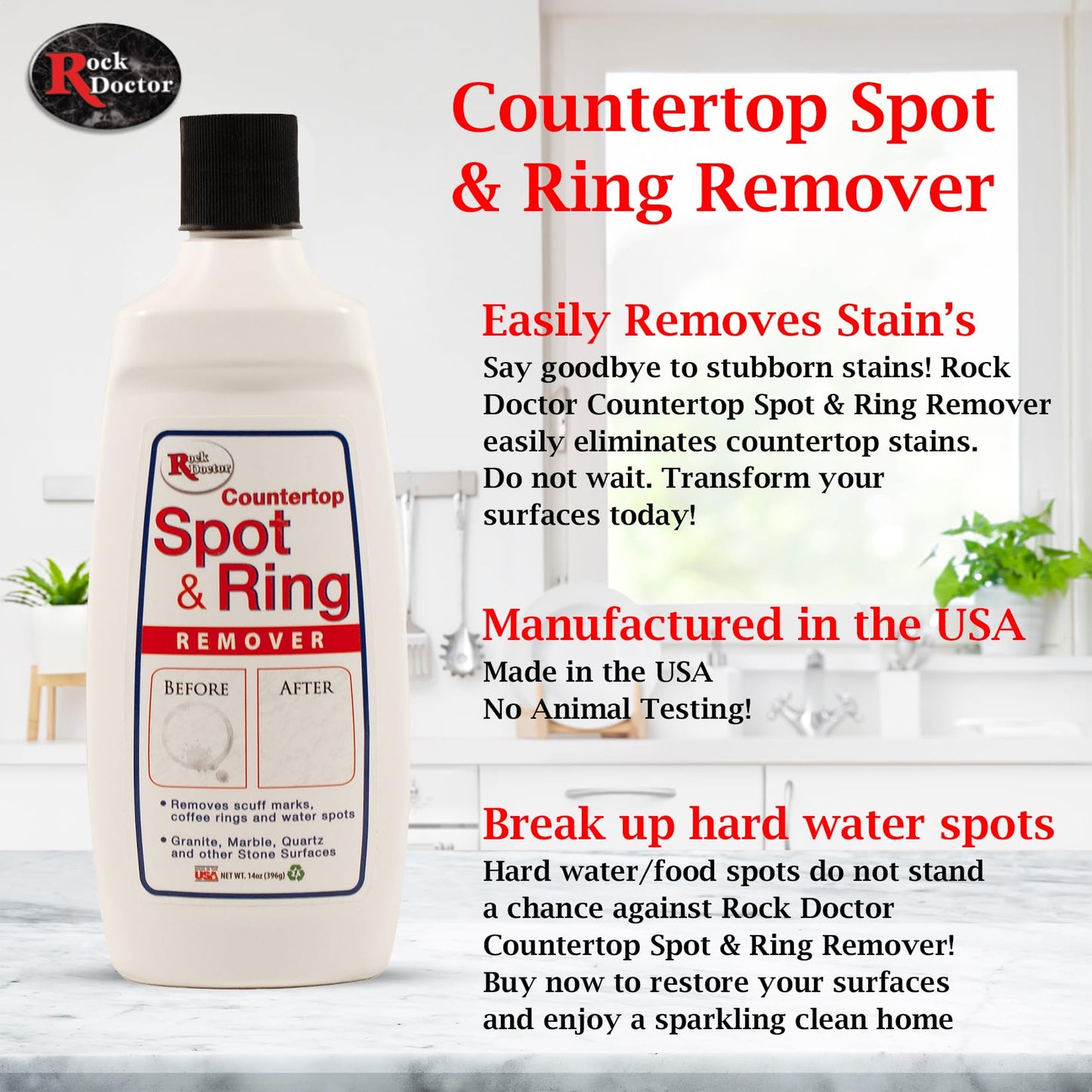 Rock Doctor Spot & Ring Remover, Works on Granite, Marble, Countertop & Quartz, Hard Water Mark & Spot Remover, Remove Coffee & Scuff Mark, 14 oz