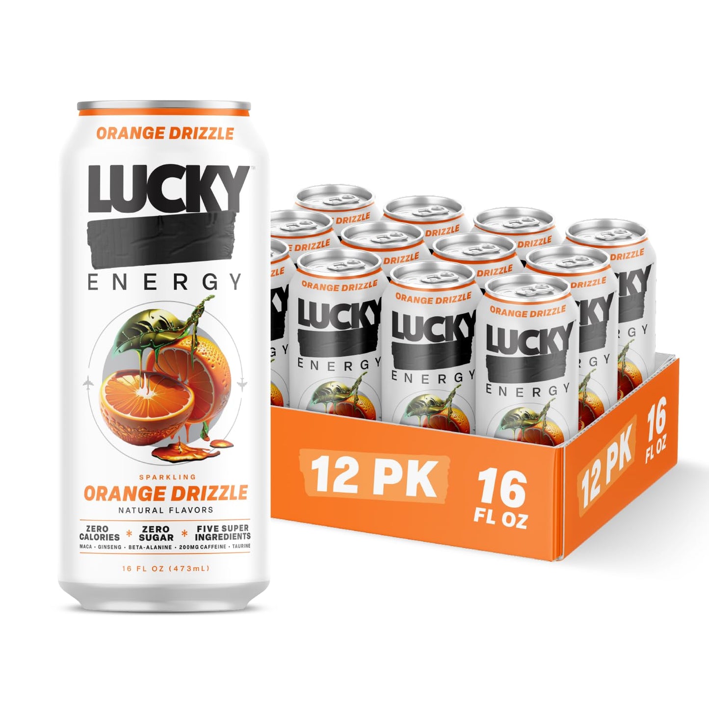 Lucky Energy Sugar Free Energy Drinks, Orange Drizzle, 16oz Cans (12-Pack) Healthy, Zero Sugar Energy Drink with Maca, Ginseng, Beta-Alanine, Taurine