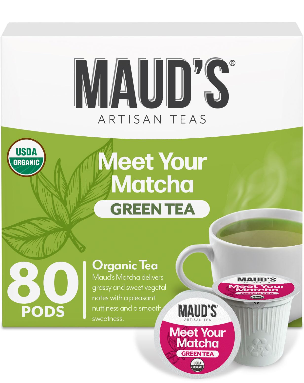 Maud's Organic Matcha Green Tea Pods, 80 ct, Single Serve Tea Pods - 100% Gourmet Blended Tea Leaves, Compatible with Keurig K Cups Maker