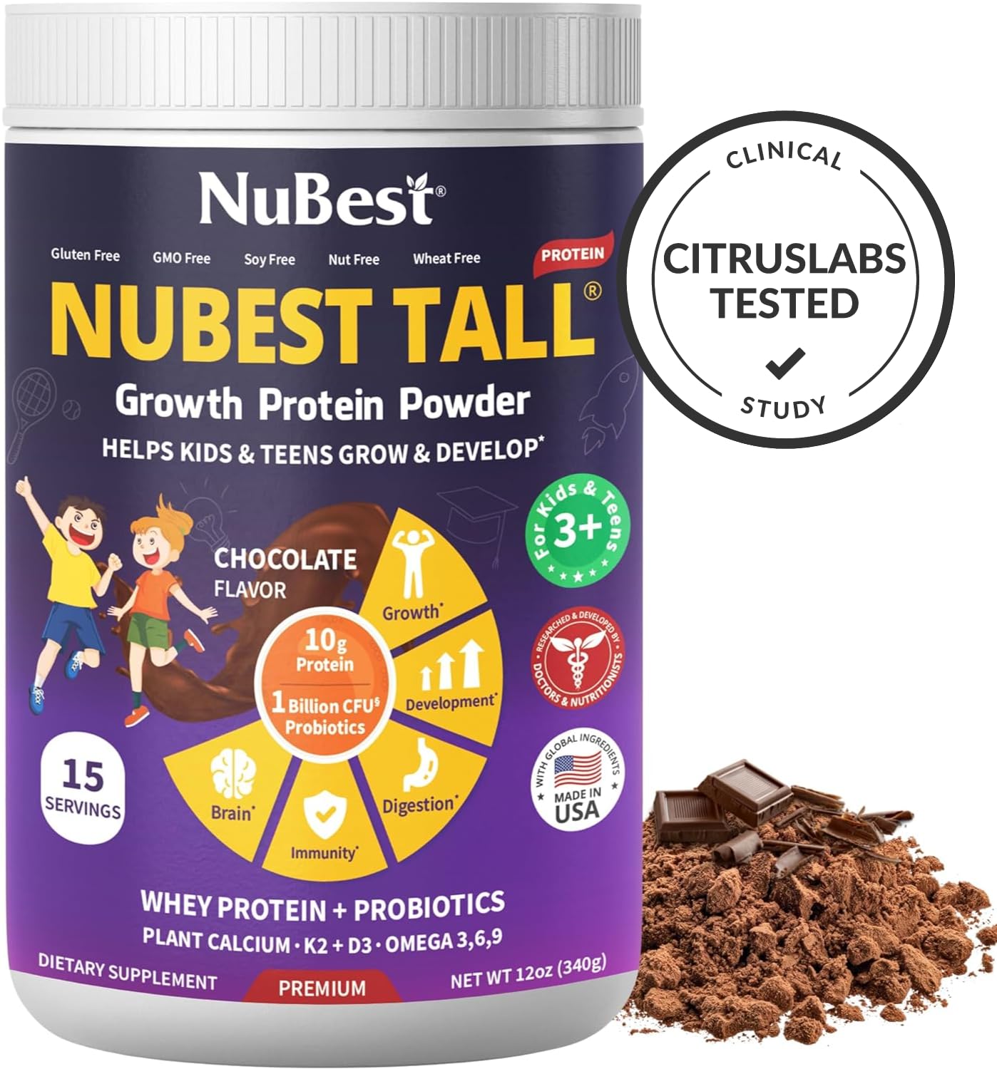 NuBest Tall Protein Powder for Kids & Teens - Whey Protein Powder - Chocolate Protein Powder Shake with Probiotics, Omega 3-6-9, Vitamin D3 + K2