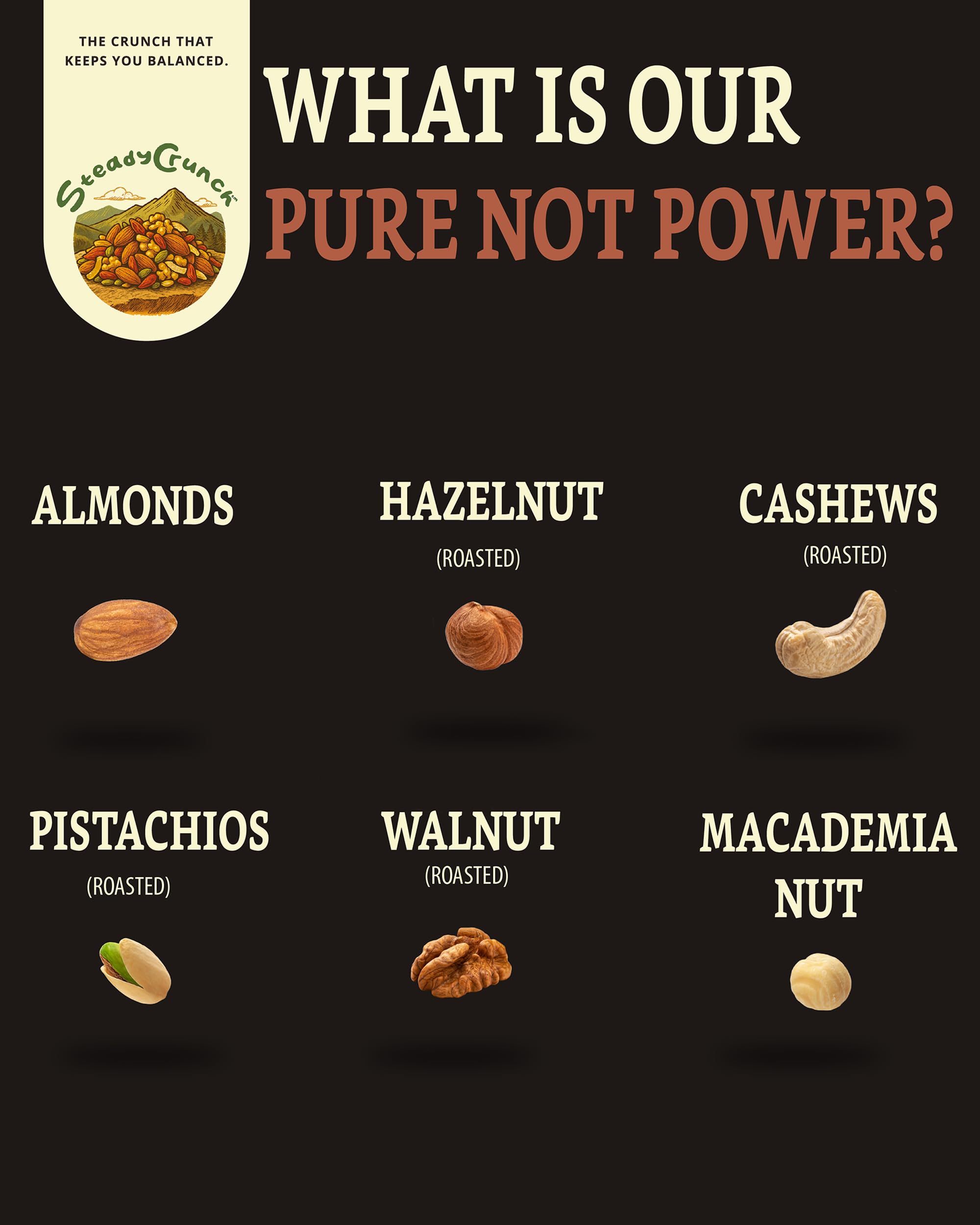 SteadyCrunch Pure Nut Power Mixed Nuts - High Protein, Keto Snacks & Low Carb Nut Mix - Non-GMO, Gluten Free & Sugar Free - Pistachios, Almonds