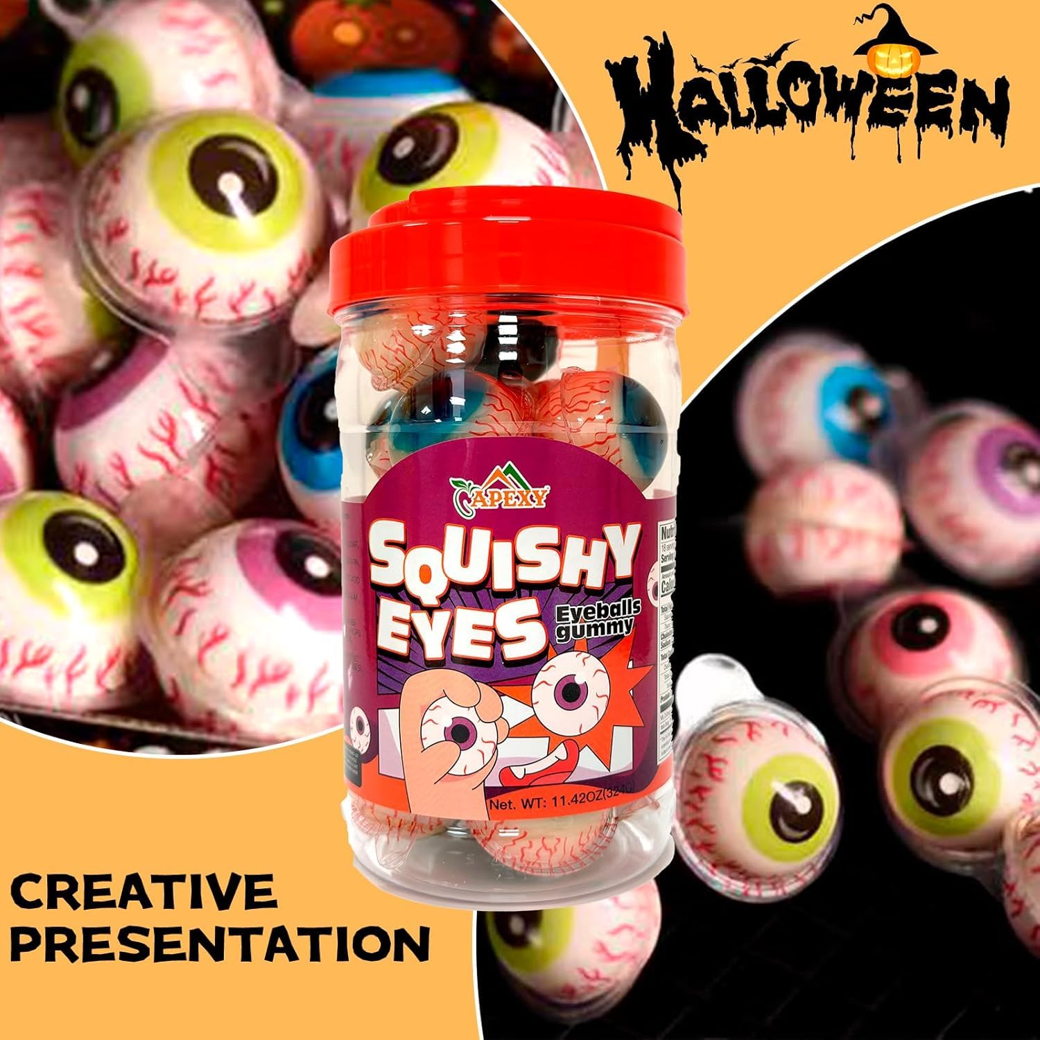 Apexy Eyeball Gummies - with Fruity Liquid Center Eyeball Candy for Halloween, Birthday, Trick Or Treat, Party Candy - Jelly Filled Gummies, Fat Free