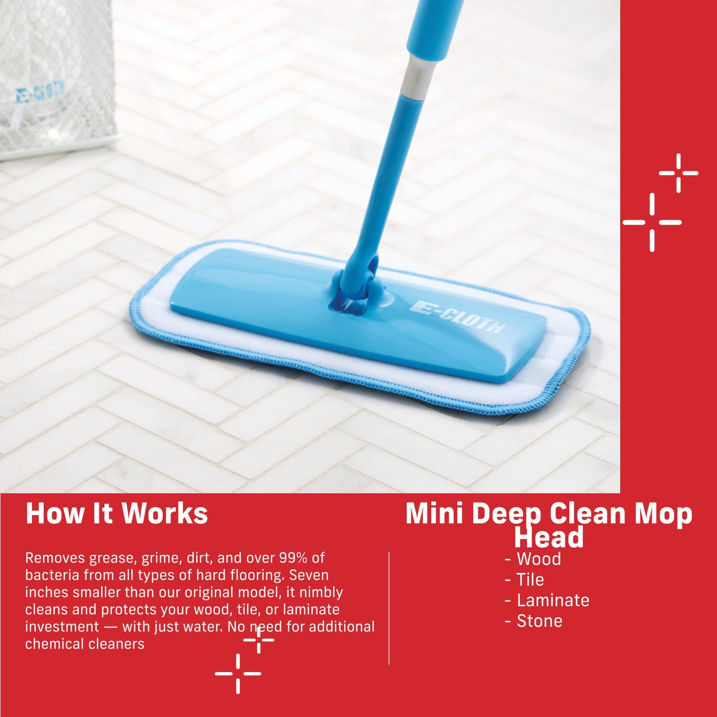 E-Cloth Mini Deep Clean Mop Head, Microfiber Mop Head Replacement for Floor Cleaning, Great for Hardwood, Laminate, Tile and Stone Flooring, Washable