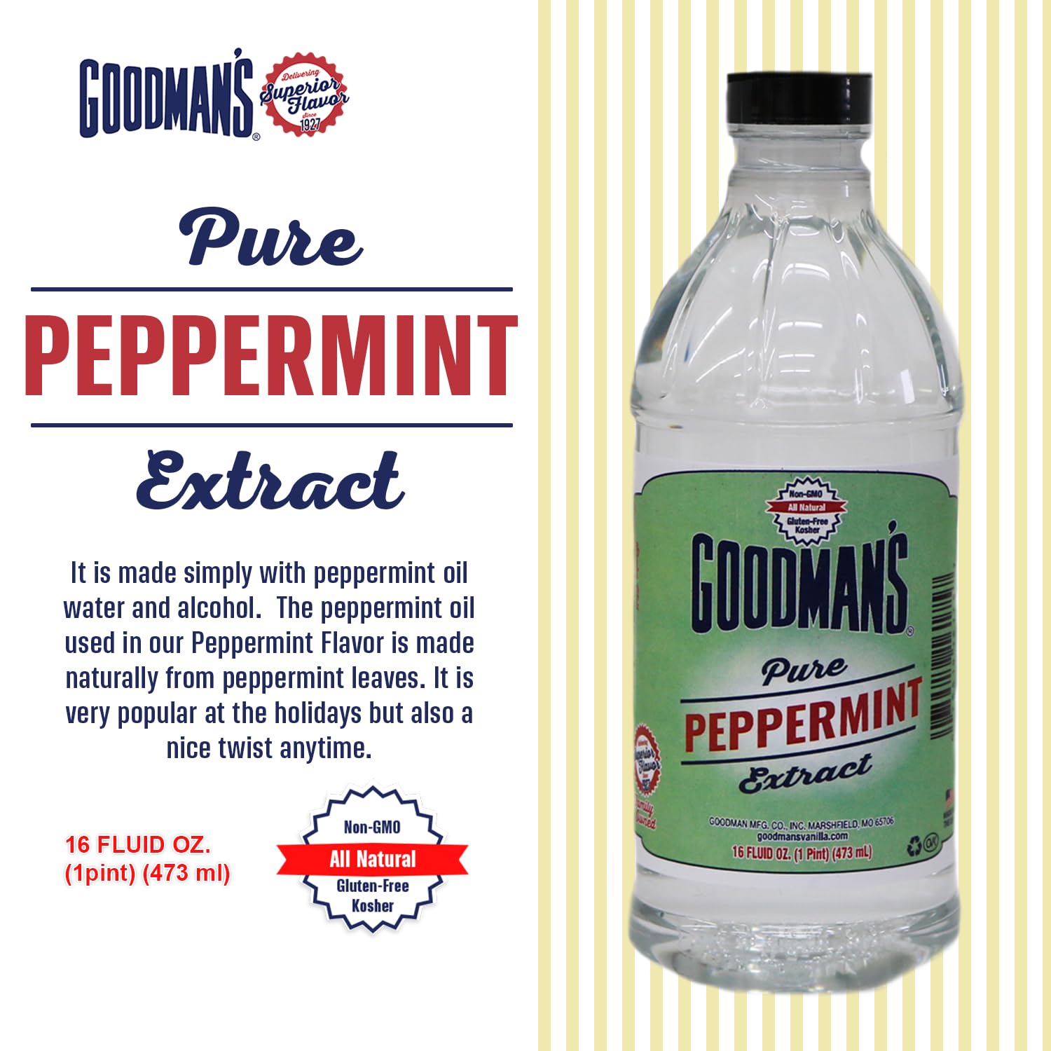 Goodman's Pure Peppermint Extract - Gluten-Free, Non-GMO, Kosher, Low Carb & Low Calorie - Ideal for Hot Chocolate, Coffee, Icing, Candy, and More