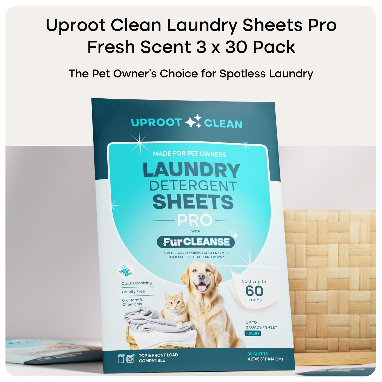 Uproot Clean Laundry Sheets Pro - 90 Pack - Fresh Scent: Mineral-Powered Laundry Detergent Sheets Made in USA - Eliminate Clinging Fur, Pet Odors