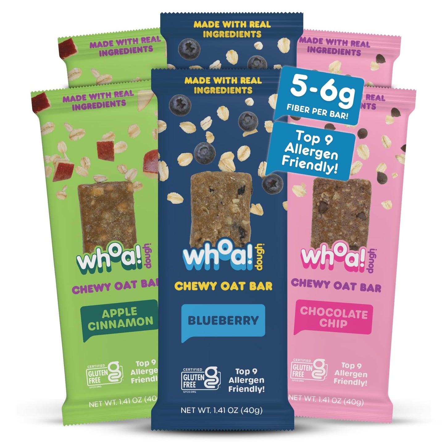 Whoa! Dough Top 9 Allergen Free Chewy Oat Bars - 3-Flavor Variety Pack | (6) 1.41 oz Individually Wrapped Bars | 5-6g Fiber, Allergen Friendly