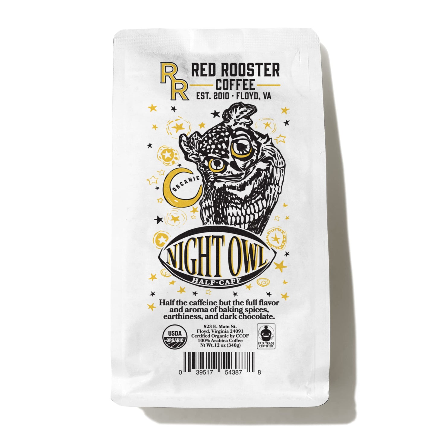 Red Rooster Coffee, Organic Night Owl Half-Caff Coffee - Medium Roast Whole Bean - Notes of Cocoa Nib & Baking Spice - 2LB- USDA Organic, Fair Trade