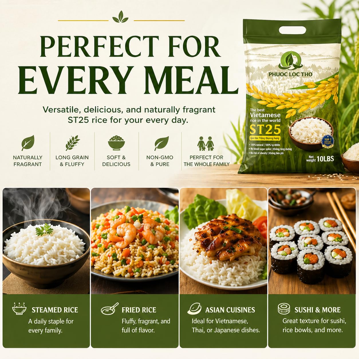 Ph??c L?c Th? ST25 Vietnamese Jasmine Rice 10lb - Premium Long Grain White Rice, Fragrant & Soft Texture, Non-GMO, Authentic Asian Rice, Bulk Family Size