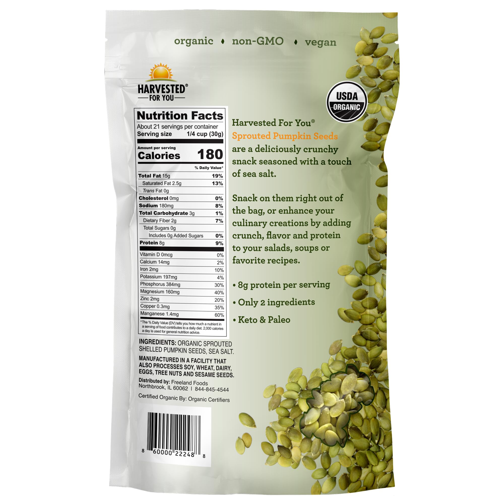 Harvested For You Sea Salted Sprouted Pumpkin Seeds, 22oz Bag, Non GMO, Paleo, Gluten Free, Vegan, Organic, Plant Based, Keto