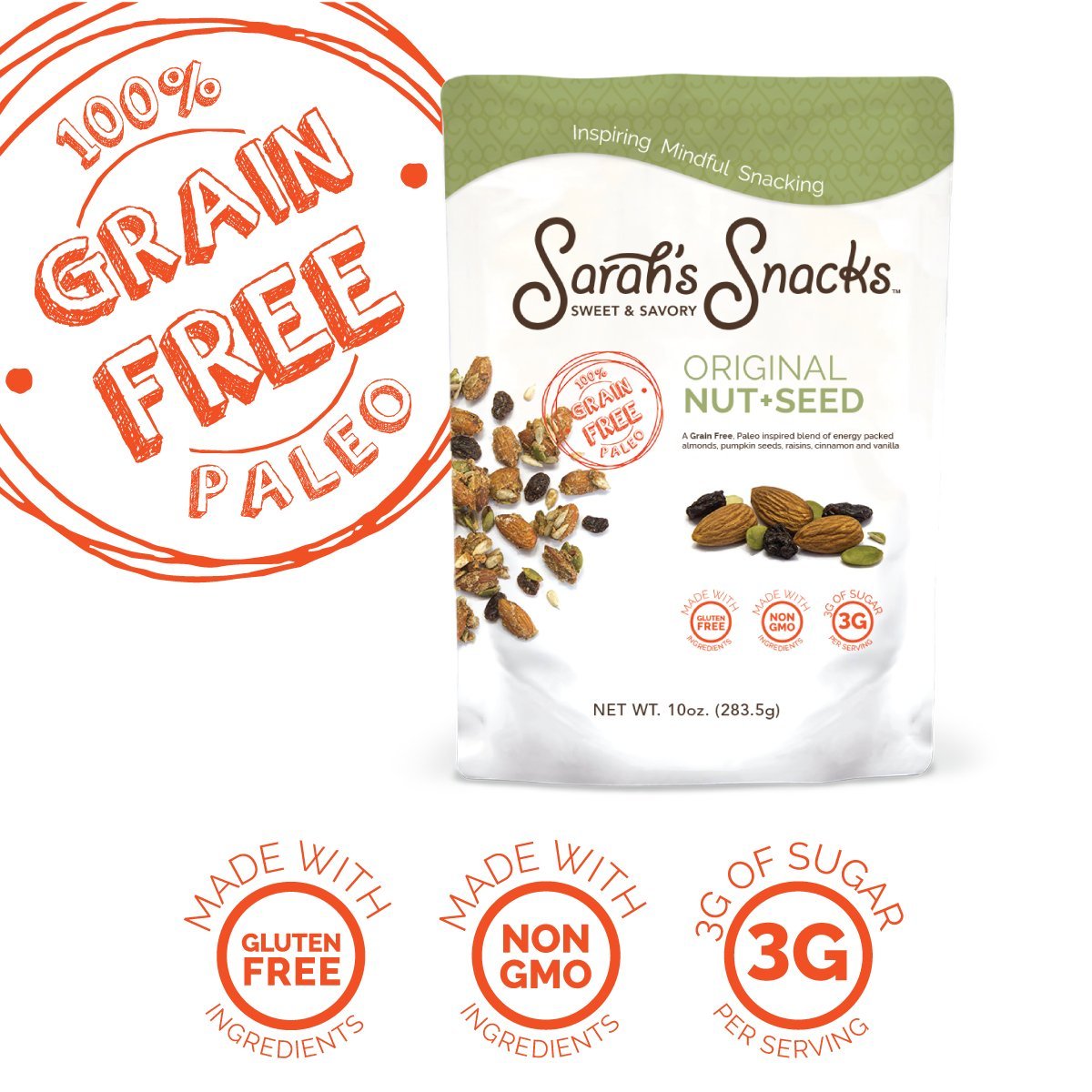 Sarah's Snacks Original Nut & Seed Grain Free Granola | Paleo | No Refined Sugar | Low Carb | Gluten Free | Dietitian Formulated | 10 oz Bag (Pack