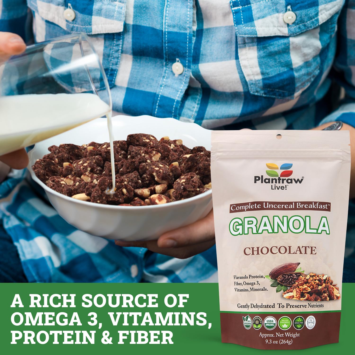 Chocolate Un-Cereal ™ Granola Gluten Free and Grain Free, Dehydrated 9.3oz Pack of healthy granola, Perfect for Smoothies, Free from Cheap Fillers