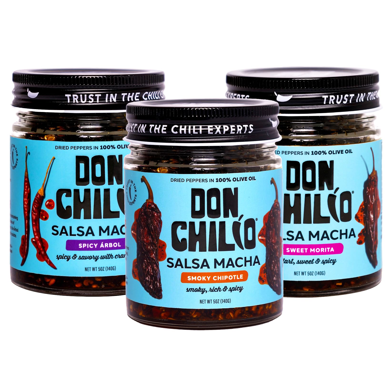 Don Chilio Salsa Macha Chili Oil Variety Bundle, 5 oz., 3 Pack - Smoky, Sweet Heat & Spicy Cranberry - Delicious Mexican Chili Oil in 100% Olive Oil