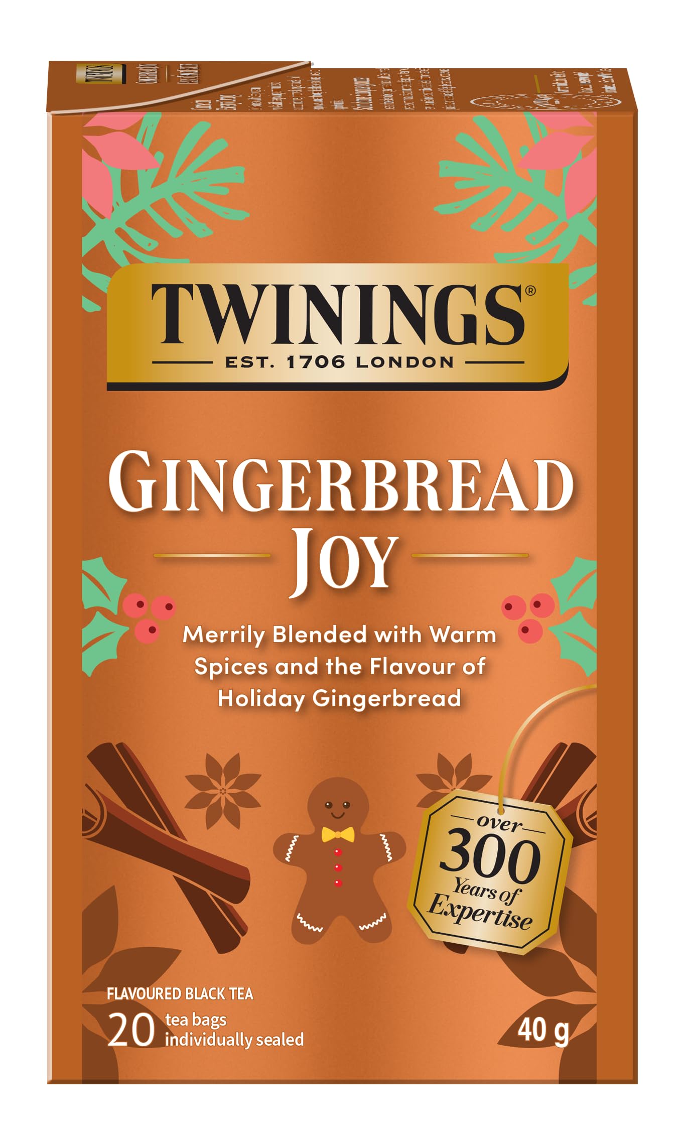 Twining Tea Gingerbread Joy Black Tea, 20 Counts, Caffeinated, Kosher, 20 Bags (Pack Of 6)