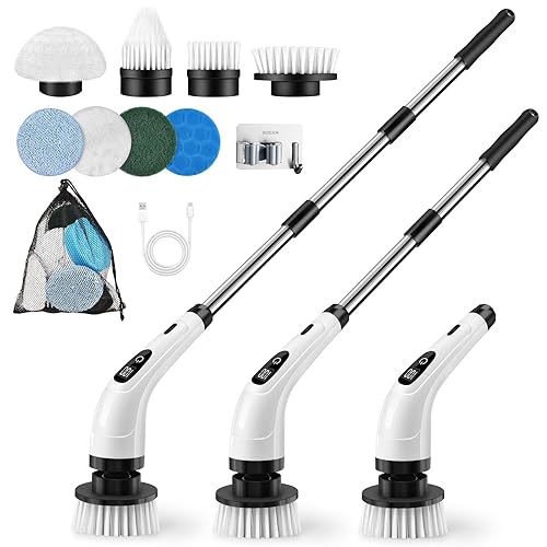 GOXAWEE Electric Spin Scrubber, Cordless Cleaning Brush with 8 Replaceable Brush Heads, Power Shower Scrubber with Long Handle for Bathroom, Tub