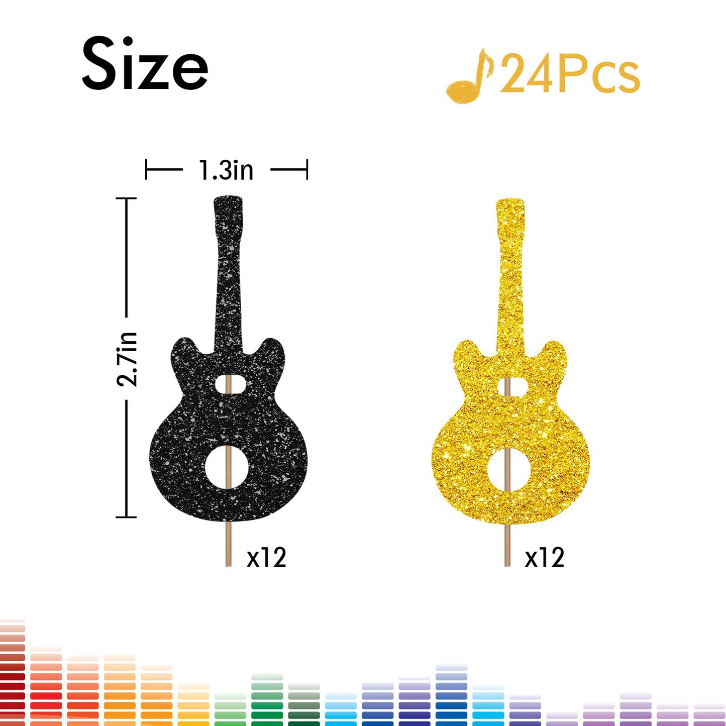 24PCS Guitar Cupcake Toppers, Rock Cupcake Topper for Boys, Music Notes Food Picks, Guitar Player Birthday Party Decoration - Black & Gold Glitter