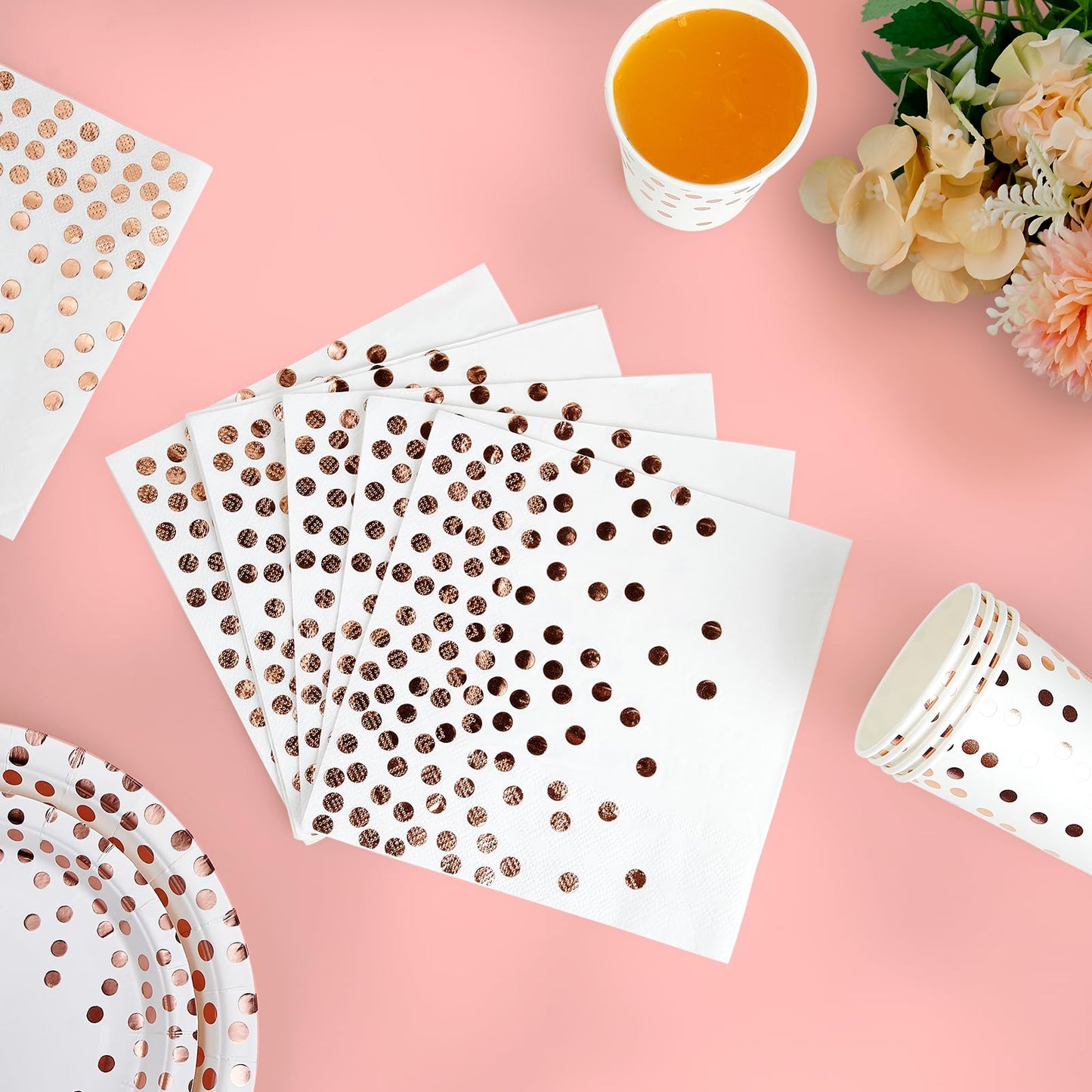 White and Rose Gold Party Supplies - 350 PCS Disposable Dinnerware Set - White Paper Plates Napkins Cups, Gold Plastic Forks Knives Spoon